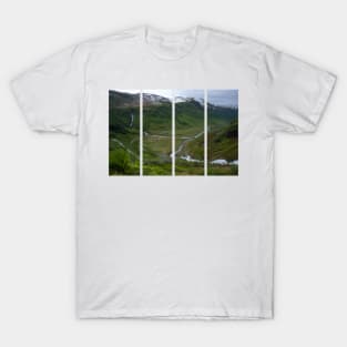 Wonderful landscapes in Norway. Vestland. Beautiful scenery from the Myrkdalen Viewpoint.  Mountains, road, rocks, stream, houses, waterfall and snow in background. Cloudy day. T-Shirt